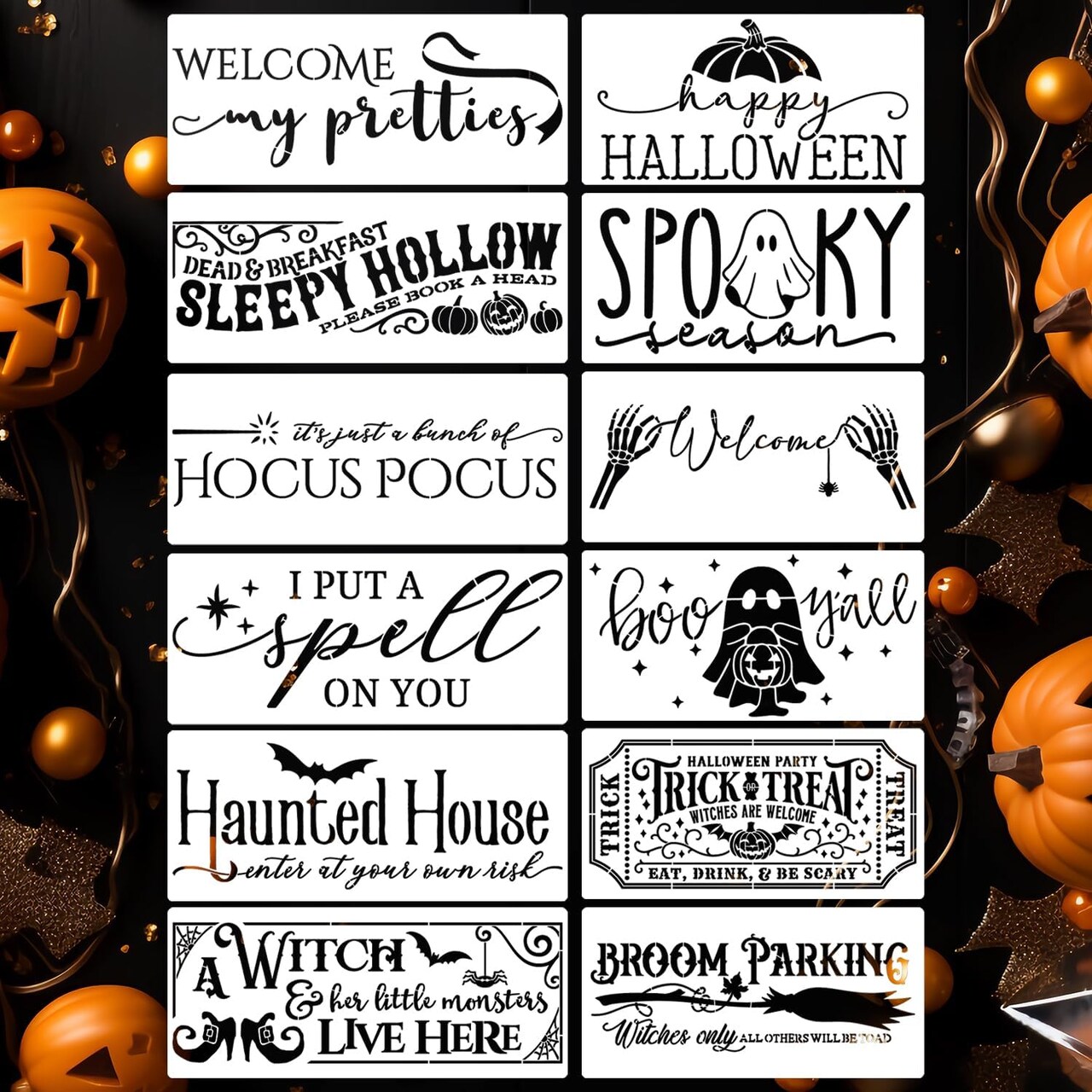 12 Pcs Halloween Stencils for Painting on Wood, Reusable Boo & Hocus Pocus Doormat Templates for Porch Signs, T-Shirts, Wreaths & Home Decor (11.8–13.8 Inch)